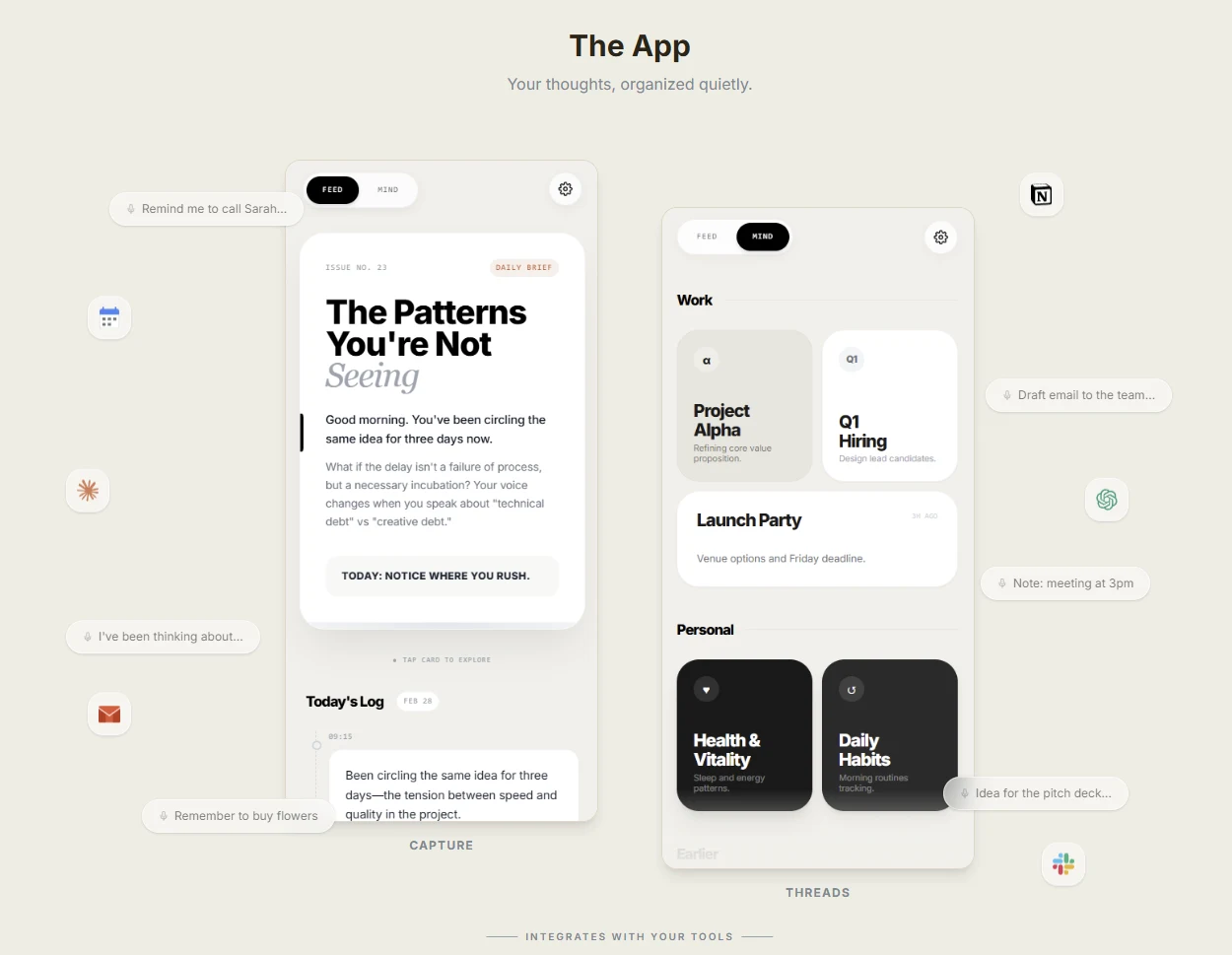 Murmur companion app: capture feed, threaded mind view, integrations panel